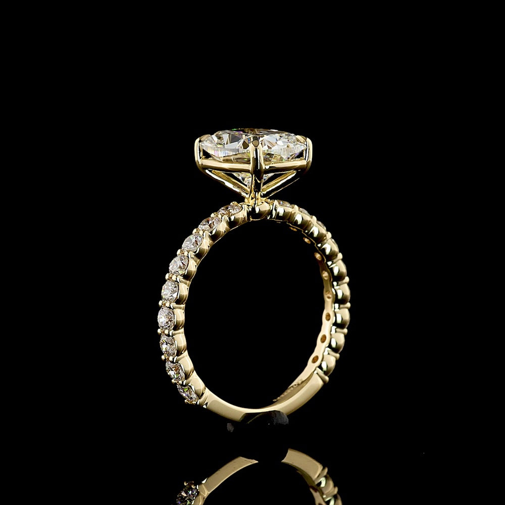 14K Yellow Gold Cushion Brilliant Solitaire Ring with 3.01 Carats D VVS2 Lab Diamond and 0.82 Carats E VS1 Side Diamonds - 3.83 Carats Total Diamond Weight - Covaloro Fine Jewelry