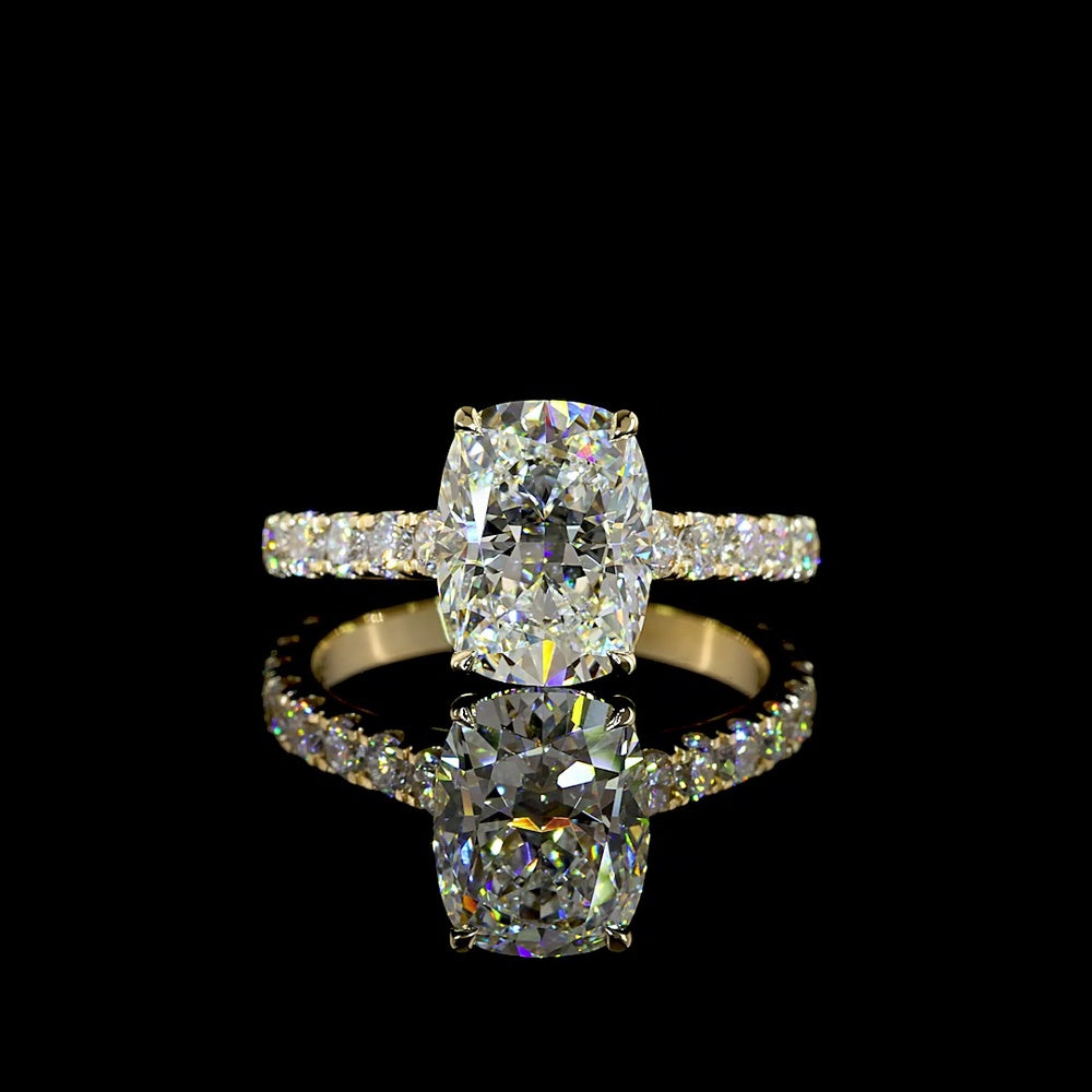 14K Yellow Gold Cushion Brilliant Solitaire Ring with Diamond Shank - 3.12 Carats Center Lab Diamond, 4.12 Carats Total Diamond Weight - Covaloro Fine Jewelry