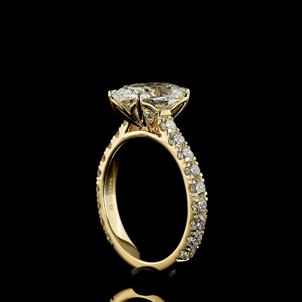 14K Yellow Gold Cushion Brilliant Solitaire Ring with Diamond Shank - 3.12 Carats Center Lab Diamond, 4.12 Carats Total Diamond Weight - Covaloro Fine Jewelry