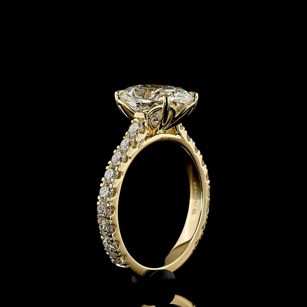 14K Yellow Gold Cushion Brilliant Solitaire Ring with Diamond Shank - 3.12 Carats Center Lab Diamond, 4.12 Carats Total Diamond Weight - Covaloro Fine Jewelry