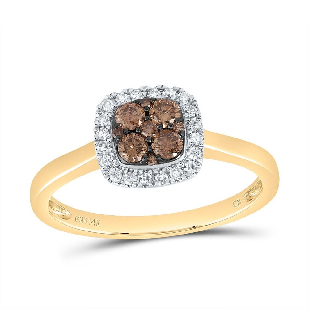 14K Yellow Gold Cushion Brown and White Diamond Ring - 1/3 Carat Total Diamond Weight