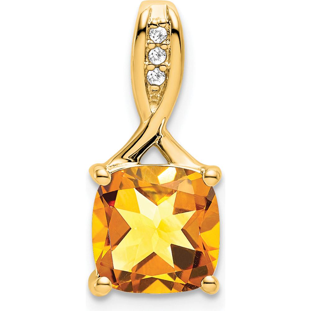 14K Yellow Gold Cushion Citrine and Diamond Pendant - 2.002 Carat Citrine, 0.006 Carat Diamond by Lumare Gioia