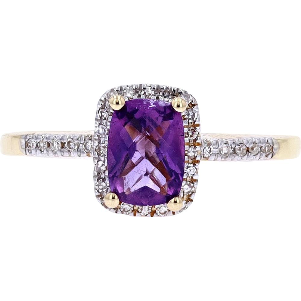 14K Yellow Gold Cushion-Cut Amethyst and Diamond Halo Ring - 0.10 Carats Total Diamond Weight