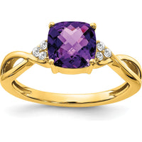 14K Yellow Gold Cushion Cut Amethyst and Round Diamond Ring - 1.75 Carat Amethyst, 0.01 Carat Total Diamond Weight by 0