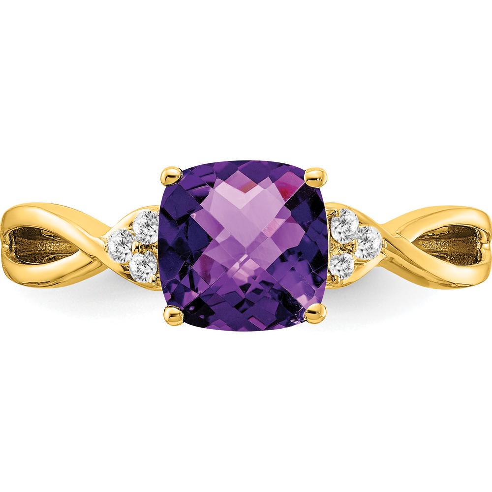 14K Yellow Gold Cushion Cut Amethyst and Round Diamond Ring - 1.75 Carat Amethyst, 0.01 Carat Total Diamond Weight by 0