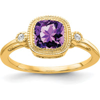 14K Yellow Gold Cushion-Cut Amethyst Ring with Diamond Accents - 0.89 Carat Amethyst, 0.015 Carat Total Diamond Weight by 0