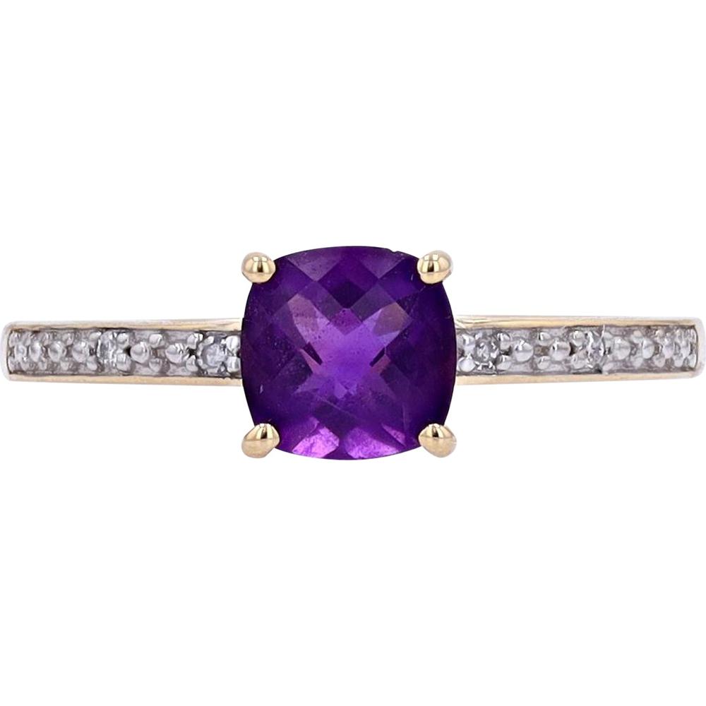 14K Yellow Gold Cushion Cut Amethyst Solitaire Ring with Pavé Diamond Accents - 0.02 Carat Total Diamond Weight