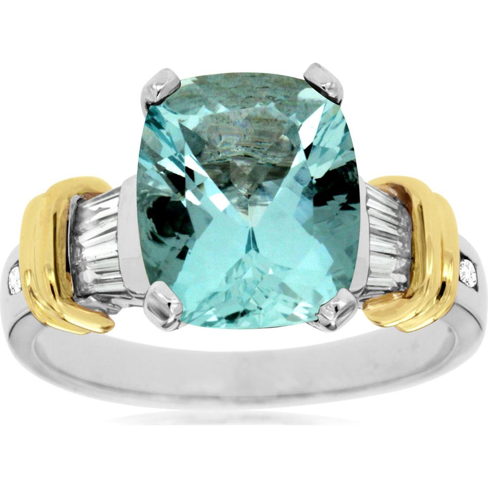 14K Yellow Gold Cushion Cut Aquamarine & Diamond Ring - 4.08 Carats Total Gem Weight