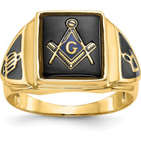 14K Yellow Gold Cushion-Cut Black Onyx Masonic Ring with Antiqued Textured Finish by IBGoodman