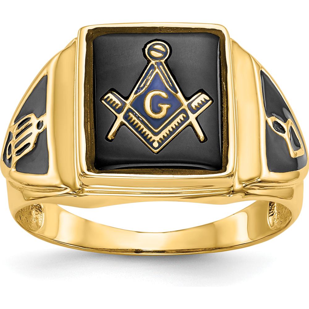 14K Yellow Gold Cushion-Cut Black Onyx Masonic Ring with Antiqued Textured Finish by IBGoodman
