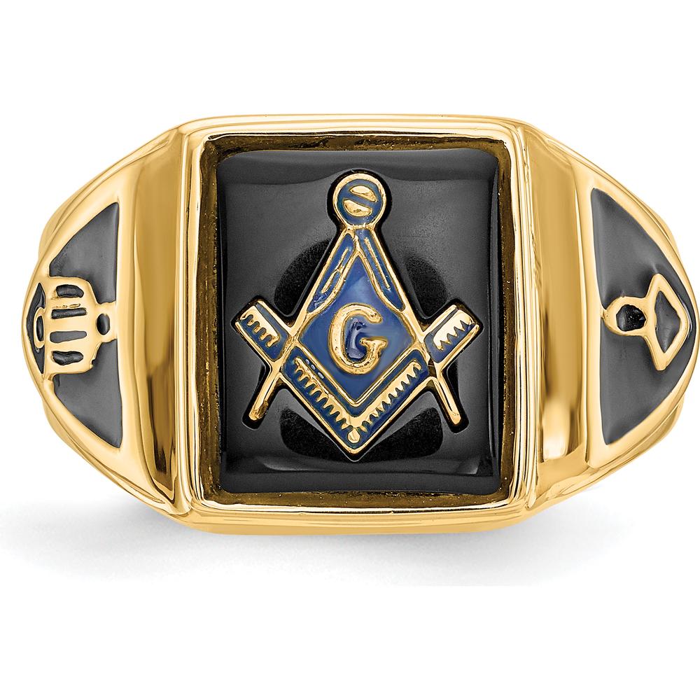 14K Yellow Gold Cushion-Cut Black Onyx Masonic Ring with Antiqued Textured Finish by IBGoodman