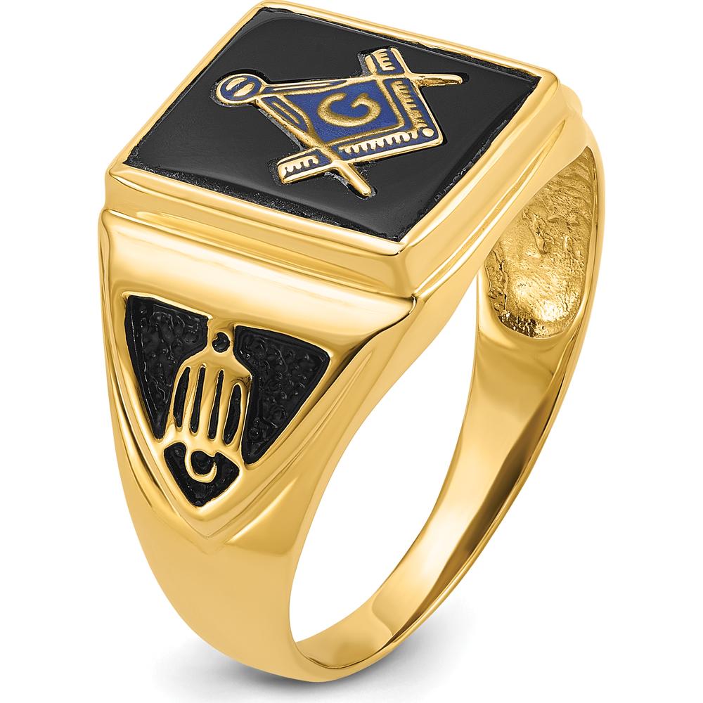 14K Yellow Gold Cushion-Cut Black Onyx Masonic Ring with Antiqued Textured Finish by IBGoodman