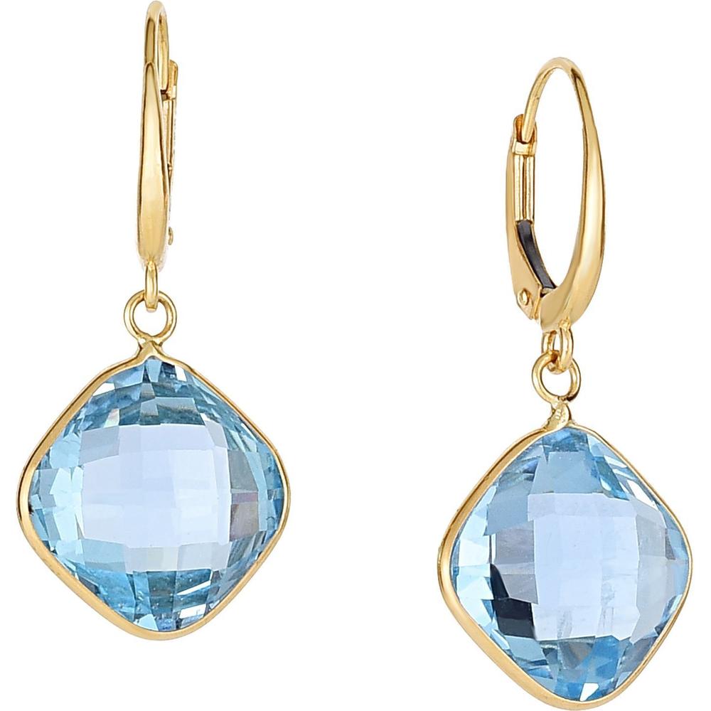 14K Yellow Gold Cushion-Cut Blue Topaz Drop Earrings with Lever-Back Closure - 30mm by Orozza Fine Jewelry