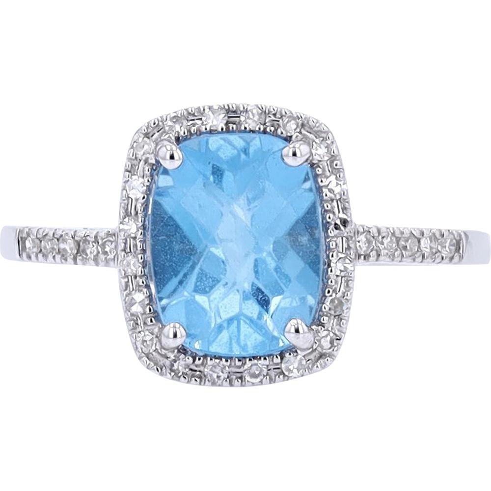 14K Yellow Gold Cushion-Cut Blue Topaz Ring with Diamond Halo - 0.12 Carats Total Diamond Weight
