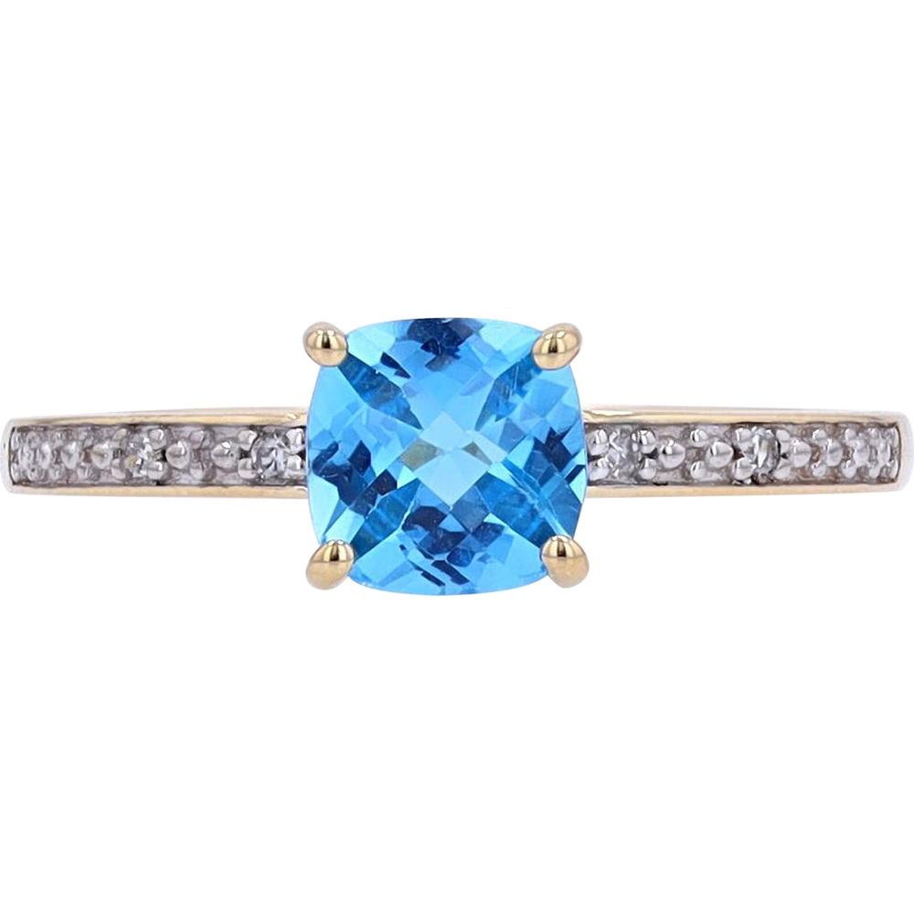 14K Yellow Gold Cushion Cut Blue Topaz Solitaire Ring with Diamond Accents - 0.02 Carat Total Diamond Weight