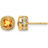 14K Yellow Gold Cushion Cut Citrine and Diamond Button Earrings - 0.33 Carat Total Gem Weight by Monteluci Fine Jewelry