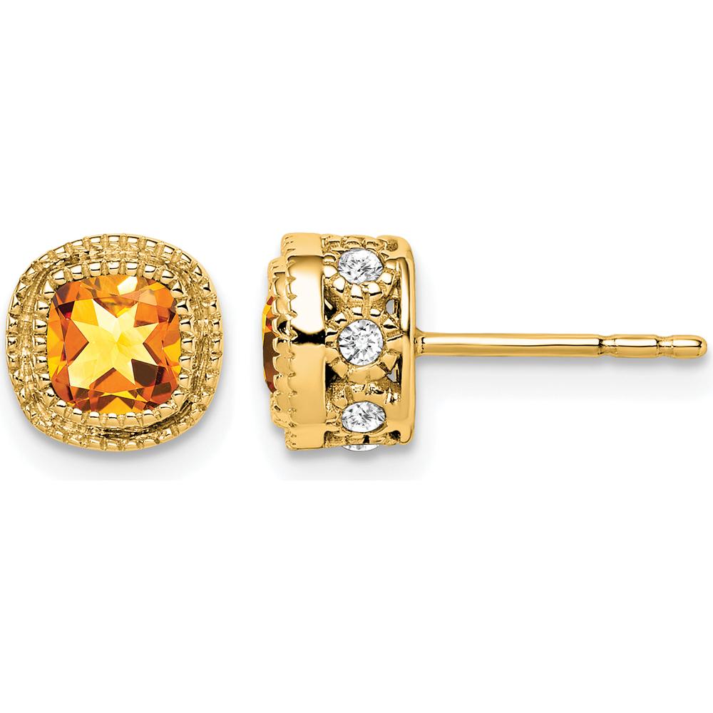 14K Yellow Gold Cushion Cut Citrine and Diamond Button Earrings - 0.33 Carat Total Gem Weight by Monteluci Fine Jewelry
