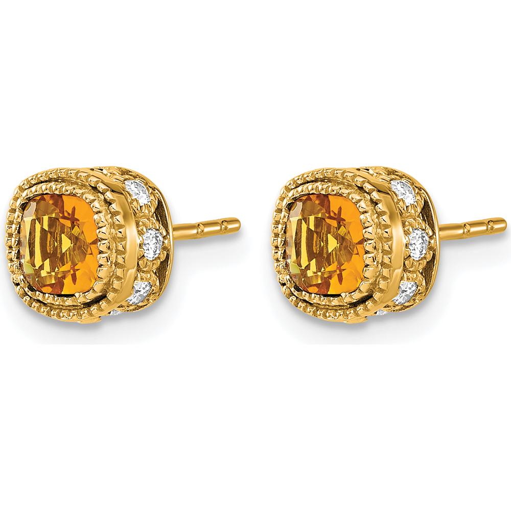 14K Yellow Gold Cushion Cut Citrine and Diamond Button Earrings - 0.33 Carat Total Gem Weight by Monteluci Fine Jewelry