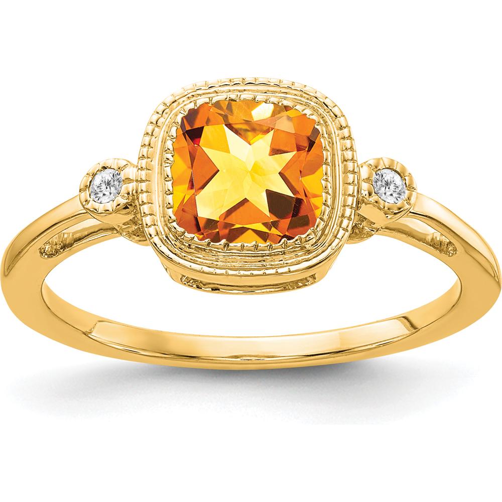 14K Yellow Gold Cushion-Cut Citrine and Diamond Ring - 0.89 Carat Citrine, 0.03 Carat Total Diamond Weight by 0