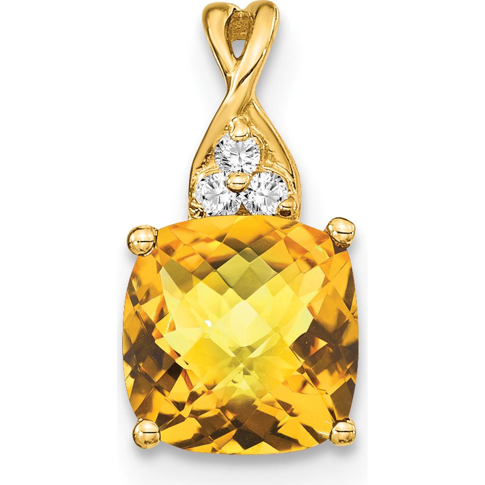 14K Yellow Gold Cushion Cut Citrine Pendant with Round Diamond Accents - 1.72 Carat Total Gem Weight by Oro Pregiato