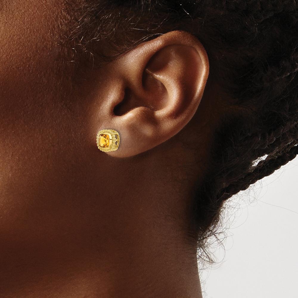 14K Yellow Gold Cushion Cut Citrine Stud Earrings - 1.00 Carat Total Citrine Weight by Monteluci Fine Jewelry