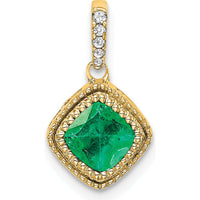 14K Yellow Gold Cushion Cut Emerald Pendant with Round Diamond Side Details - 0.45 Carat Emerald, 0.04 Carat Total Diamond Weight by Lumare Gioia