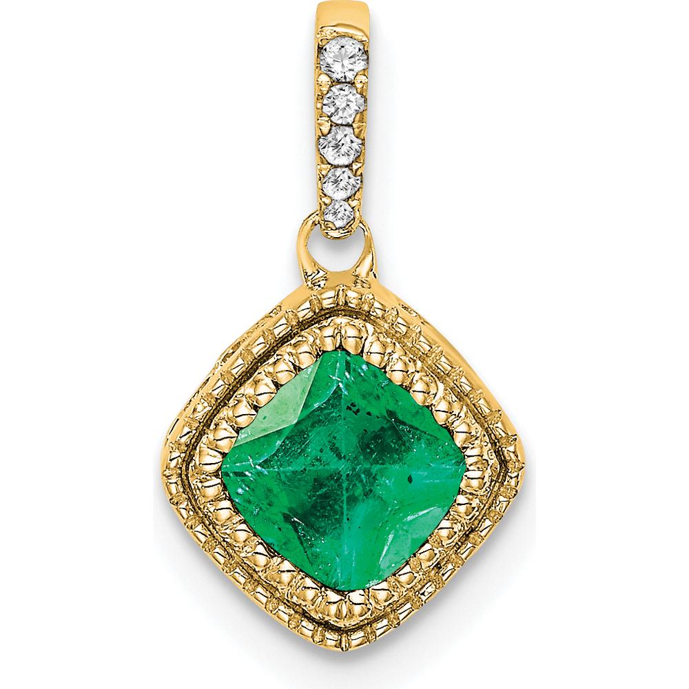 14K Yellow Gold Cushion Cut Emerald Pendant with Round Diamond Side Details - 0.45 Carat Emerald, 0.04 Carat Total Diamond Weight by Lumare Gioia