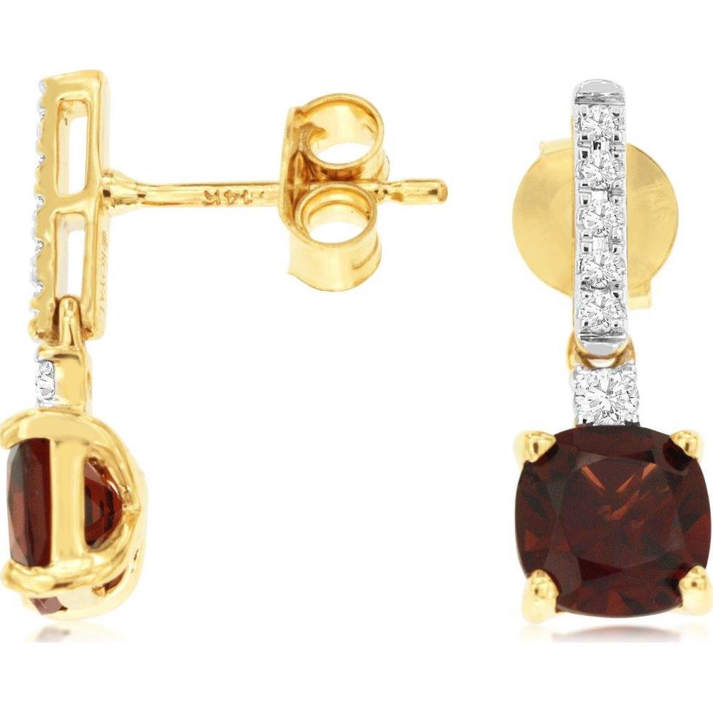 14K Yellow Gold Cushion Cut Garnet and Diamond Drop Earrings with Pavé Diamond Bar - 1.46 Carat Total Garnet Weight, 0.14 Carat Total Diamond Weight - Royal Jewelry