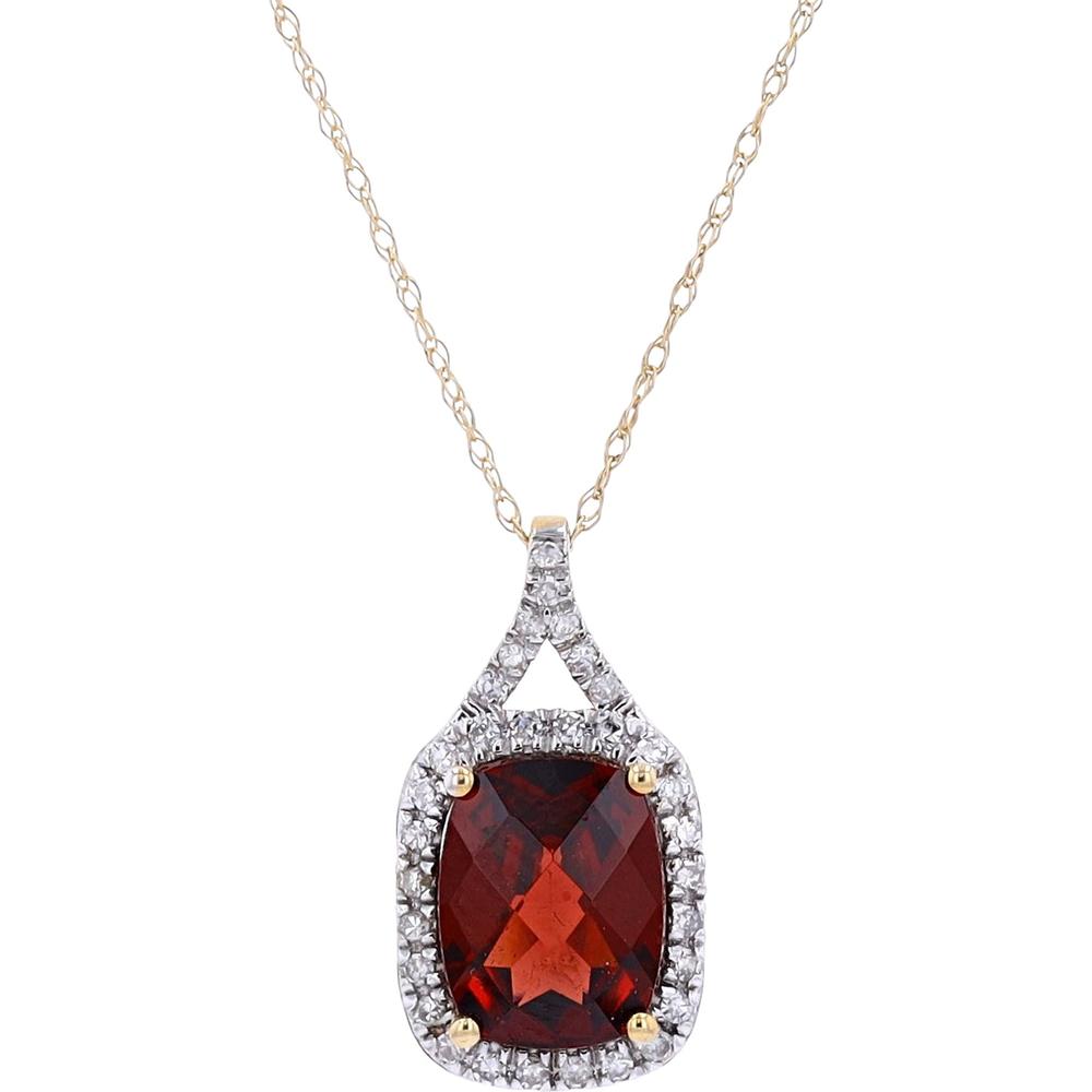 14K Yellow Gold Cushion-Cut Garnet and Diamond Halo Pendant - 0.13 Carats Total Diamond Weight