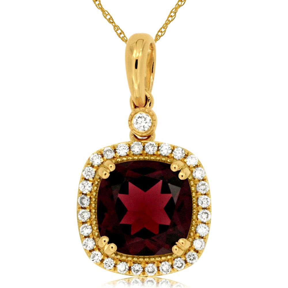 14K Yellow Gold Cushion Cut Garnet and Diamond Halo Pendant with Milgrain Detail - 2.75 Carat Garnet and 0.18 Carat Diamond Total Weight - Royal Jewelry