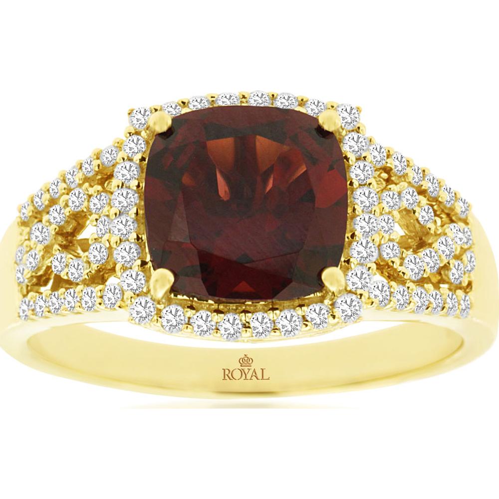 14K Yellow Gold Cushion Cut Garnet and Diamond Halo Ring with Split Shank and Milgrain Detail - 2.75 Carat Garnet, 0.35 Carat Diamond Total Weight - Royal Jewelry