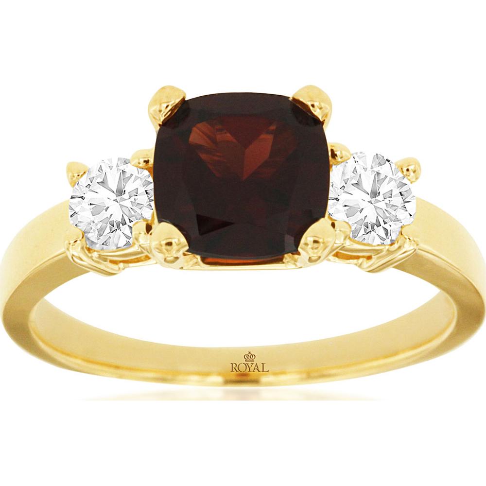 14K Yellow Gold Cushion Cut Garnet and Diamond Three-Stone Ring - 1.65 Carat Garnet and 0.50 Carat Total Diamond Weight - Royal Jewelry
