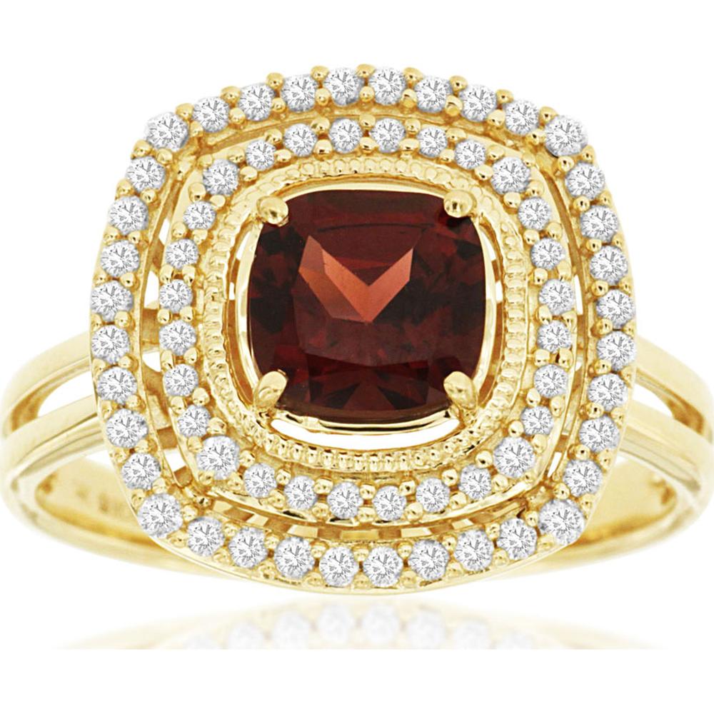 14K Yellow Gold Cushion Cut Garnet & Double Diamond Halo Ring with Milgrain Detailing - 1.23 Carat Garnet, 0.33 Carat Total Diamond Weight - Royal Jewelry