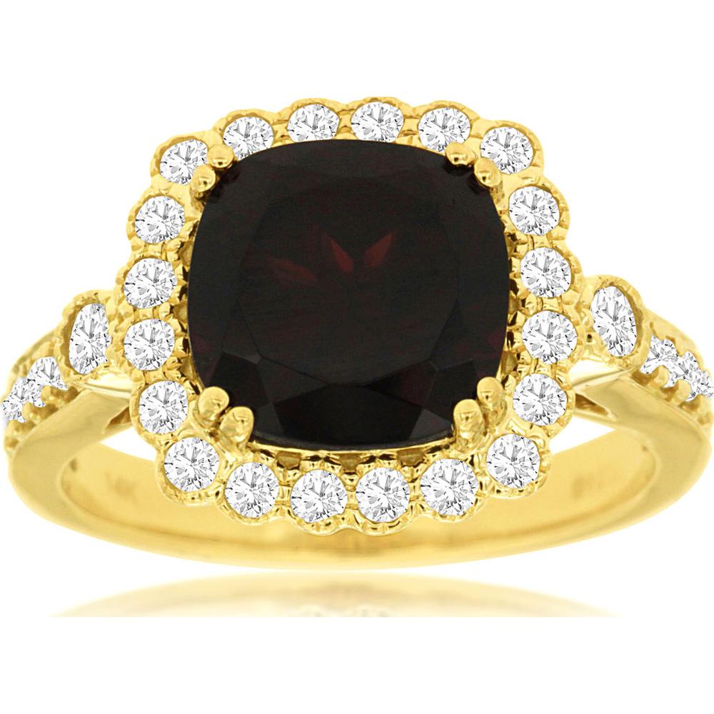 14K Yellow Gold Cushion Cut Garnet and Halo Diamond Ring - 3.50 Carat Garnet, 0.50 Carat Total Diamond Weight - Royal Jewelry