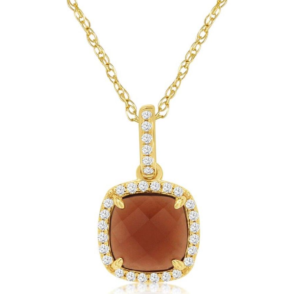 14K Yellow Gold Cushion-Cut Garnet Pendant with Diamond Halo & Diamond-Accented Bail - 1.40 Carat Garnet, 0.12 Carat Total Diamond Weight - Royal Jewelry