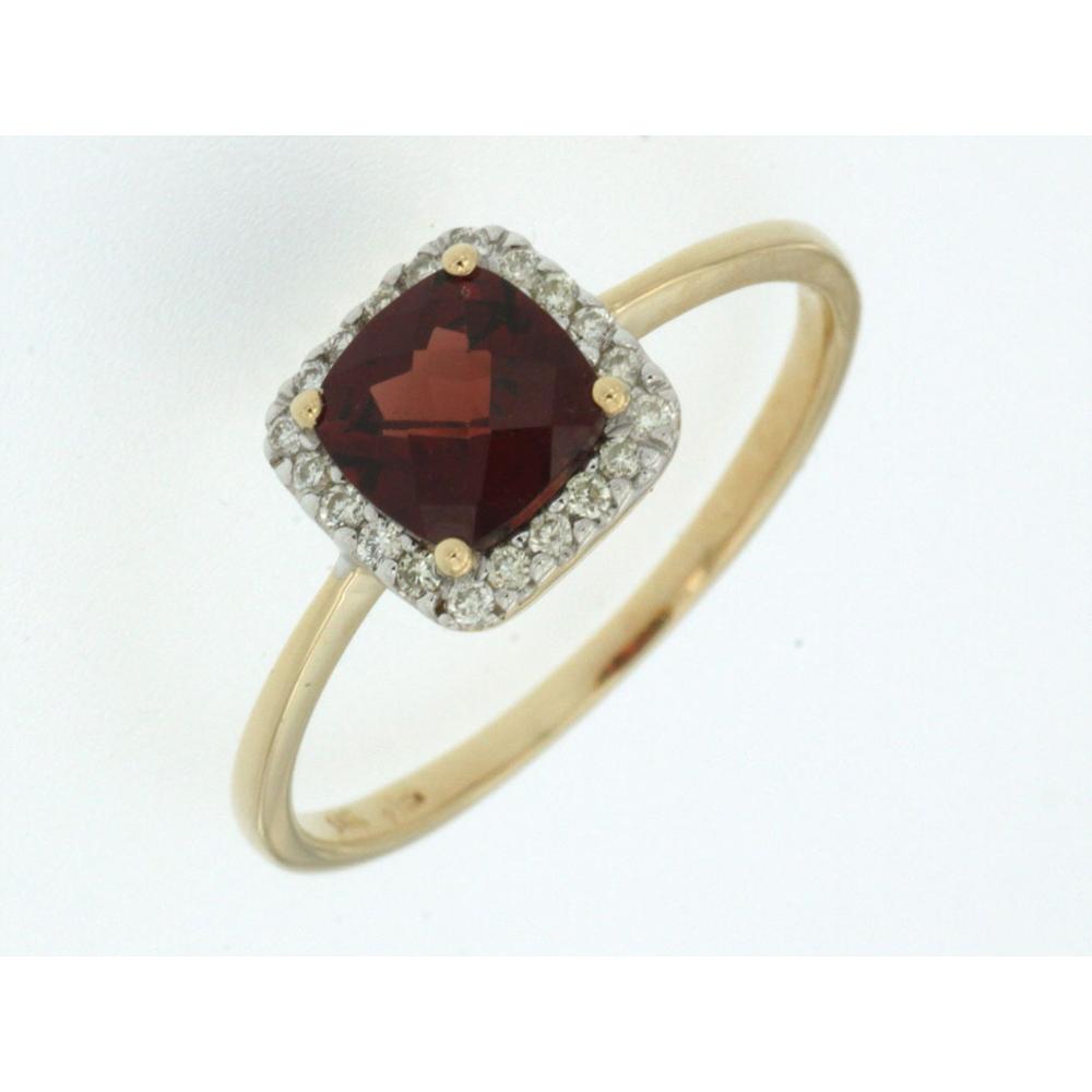 14K Yellow Gold Cushion Cut Garnet Ring with Diamond Halo - 1.10 Carat Garnet, 0.10 Carat Total Diamond Weight - Royal Jewelry