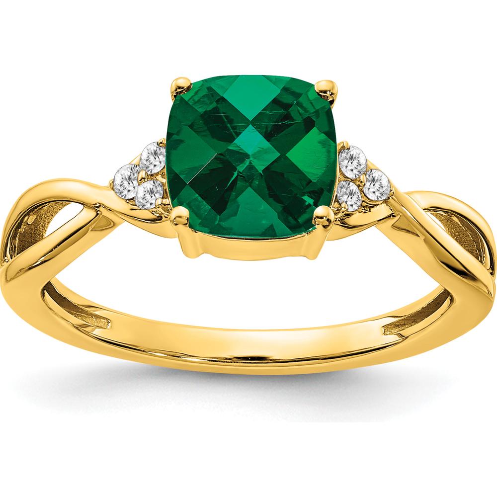 14K Yellow Gold Cushion Cut Lab-Created Emerald Ring with Diamond Accents - 1.75 Carat Emerald, 0.06 Carat Diamond by 0