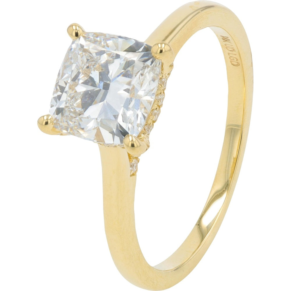 14K Yellow Gold Cushion Cut Lab Grown Diamond Engagement Ring with Hidden Pavé Accents - 2.00 Carat Total Diamond Weight