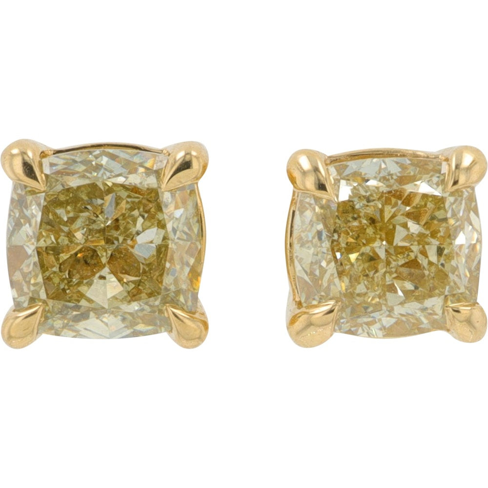 14K Yellow Gold Cushion Cut Lab-Grown Yellow Diamond Stud Earrings - 1.00 Carat Total Diamond Weight