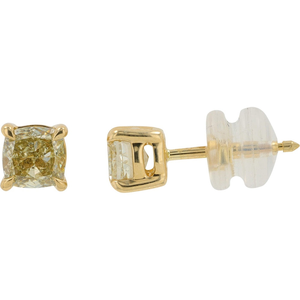 14K Yellow Gold Cushion Cut Lab-Grown Yellow Diamond Stud Earrings - 1.00 Carat Total Diamond Weight