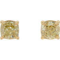 14K Yellow Gold Cushion Cut Lab-Grown Yellow Diamond Stud Earrings - 2.00 Carat Total Diamond Weight