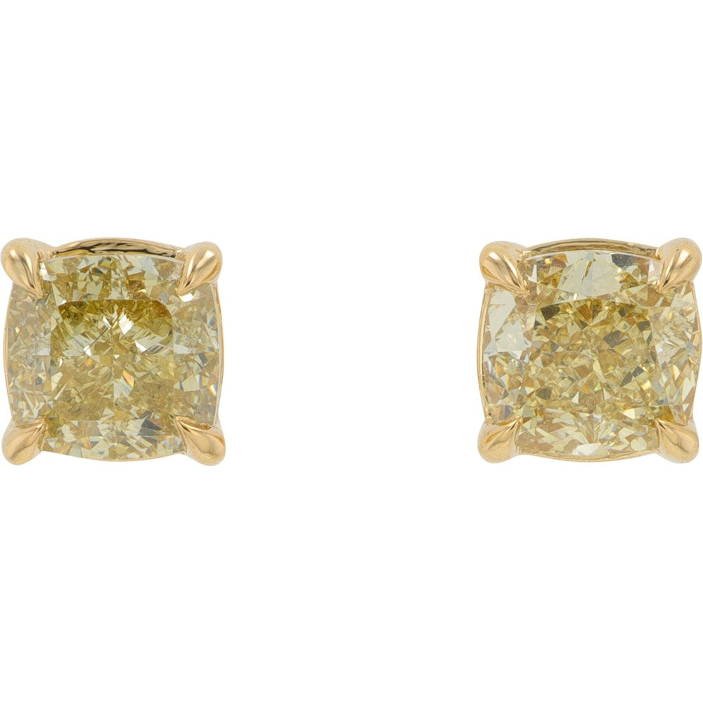 14K Yellow Gold Cushion Cut Lab-Grown Yellow Diamond Stud Earrings - 2.00 Carat Total Diamond Weight