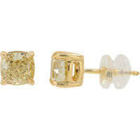 14K Yellow Gold Cushion Cut Lab-Grown Yellow Diamond Stud Earrings - 2.00 Carat Total Diamond Weight