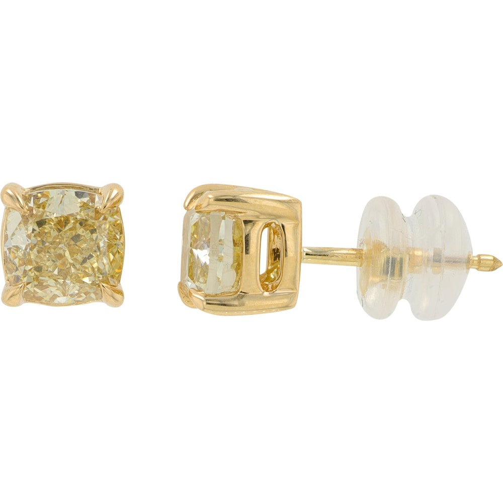 14K Yellow Gold Cushion Cut Lab-Grown Yellow Diamond Stud Earrings - 2.00 Carat Total Diamond Weight