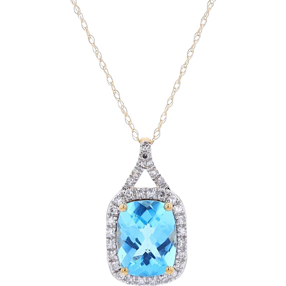 14K Yellow Gold Cushion-Cut London Blue Topaz Pendant with Diamond Halo - 0.13 Carats Total Diamond Weight