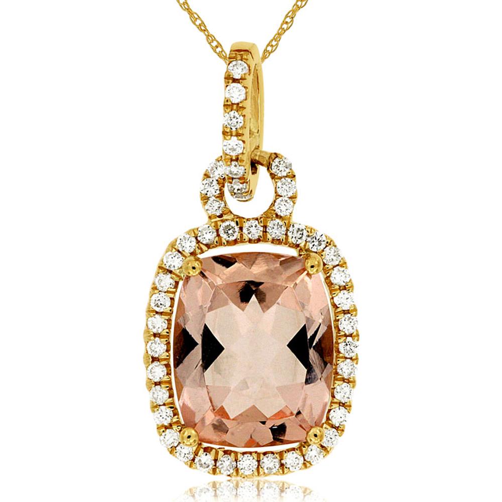 14K Yellow Gold Cushion Cut Morganite and Diamond Halo Pendant with 4.10 Carat Morganite and 0.30 Carat Total Diamond Weight - Royal Jewelry