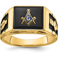 14K Yellow Gold Cushion-Cut Onyx Masonic Ring with Black Enamel Detailing by IBGoodman