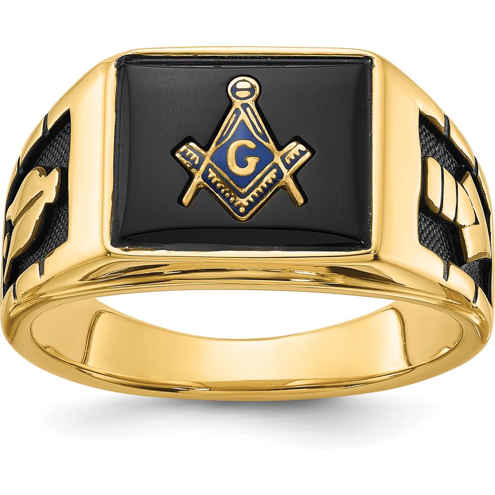 14K Yellow Gold Cushion-Cut Onyx Masonic Ring with Black Enamel Detailing by IBGoodman