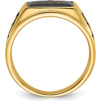 14K Yellow Gold Cushion-Cut Onyx Masonic Ring with Black Enamel Detailing by IBGoodman