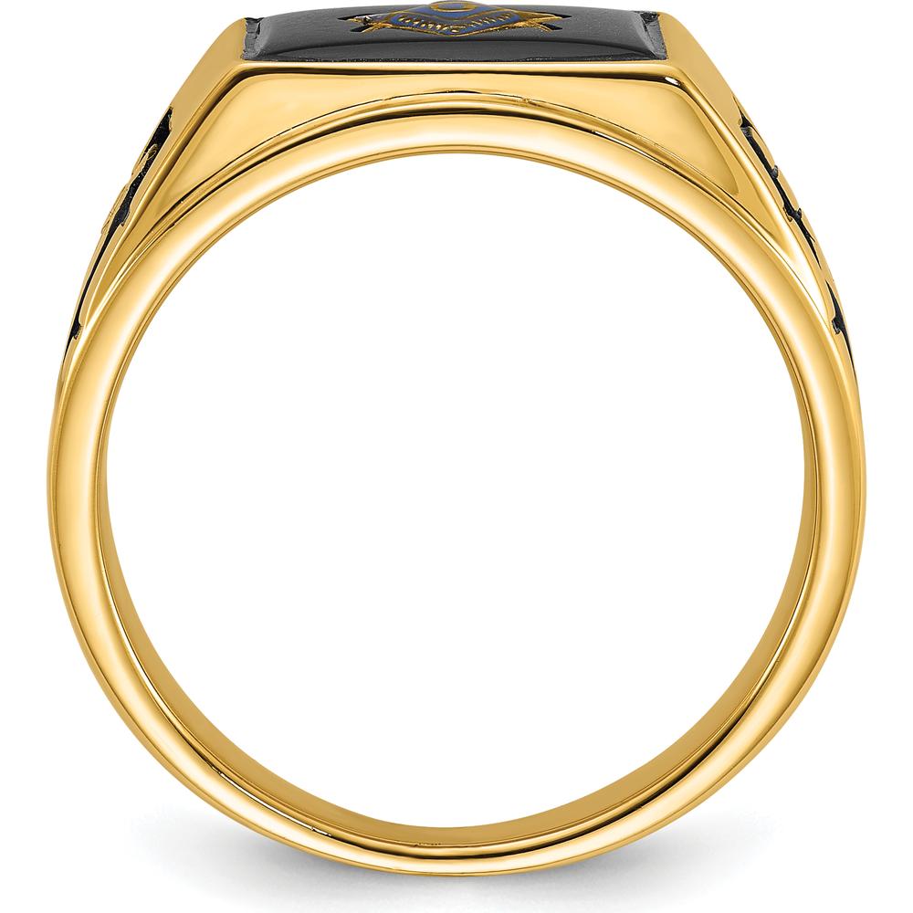 14K Yellow Gold Cushion-Cut Onyx Masonic Ring with Black Enamel Detailing by IBGoodman